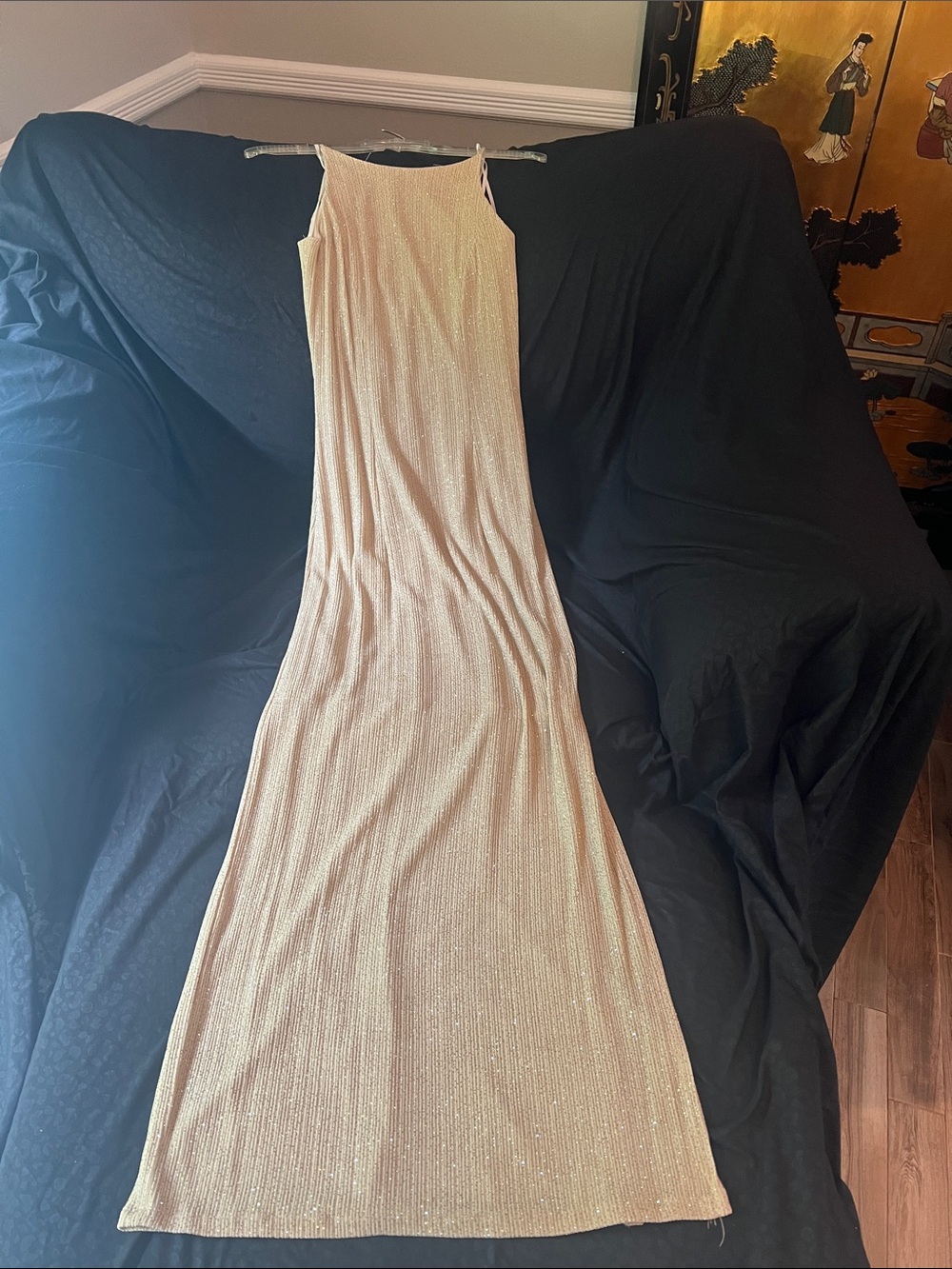 Size 5-6 Dave & Johnny Champagne Shimmer Maxi Dress with ornate back